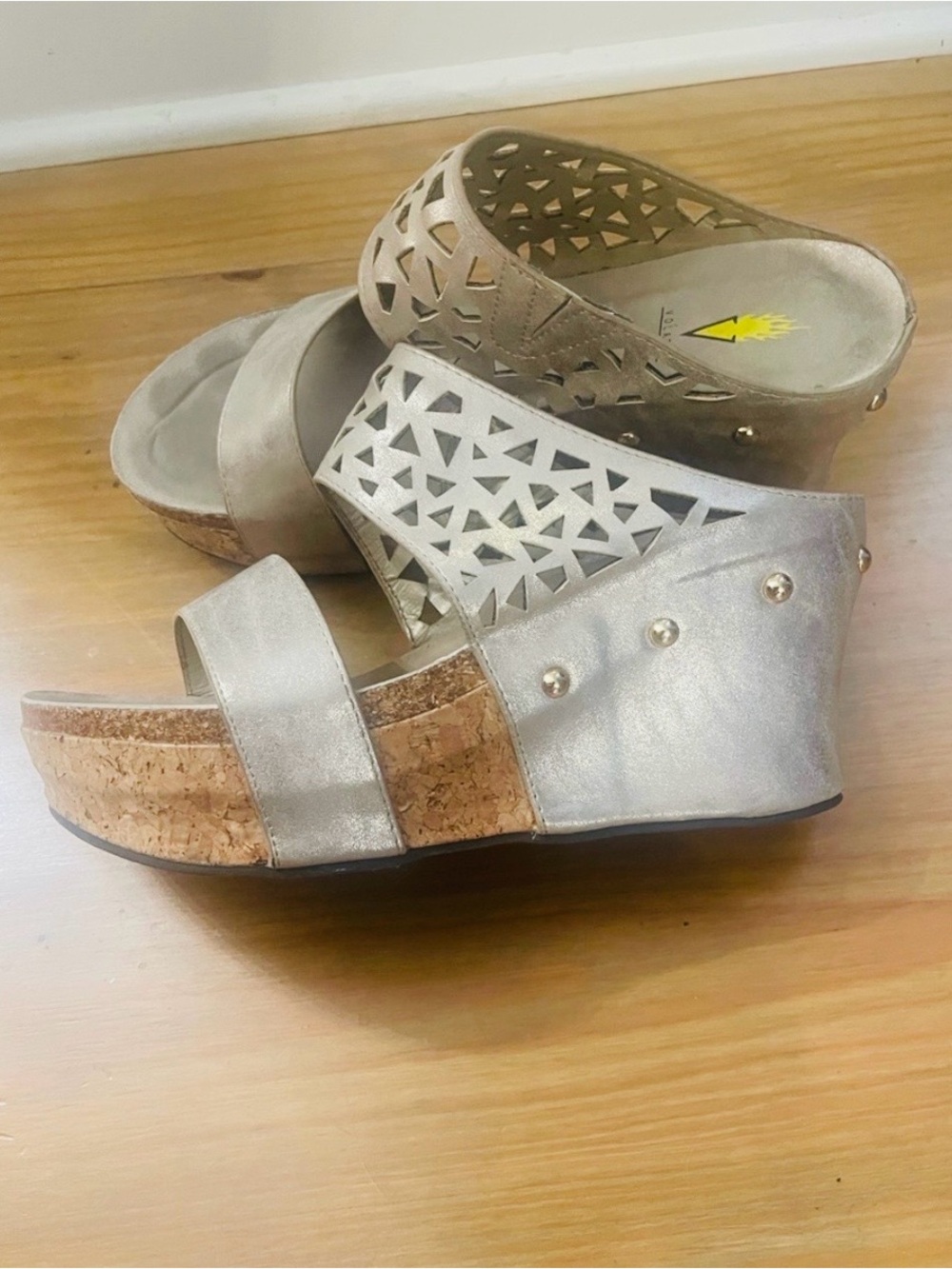 Volatile Silver Cork Wedge platform Mule slide Sandals; 9.5 Stud accent; Slip-on